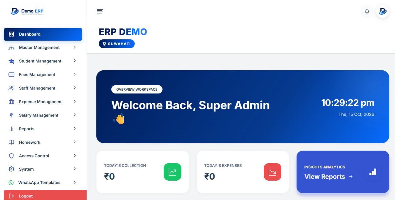 Pakhi Infotech School ERP student management dashboard with modules and statistics